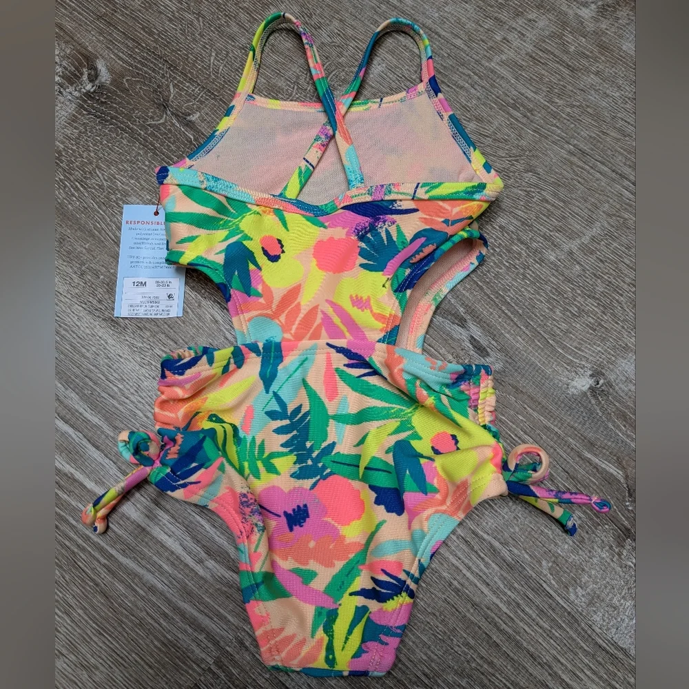 NWT Cat & Jack Tropical Floral Cut Out One Piece Swimsuit Size 12 Months